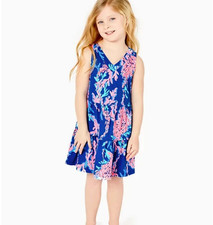 NWT Lilly Pulitzer Girls L 8/10 Lorina Dress Blue Coral Tiered Sundress Ruffle