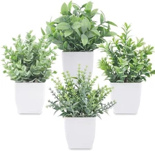Small Artificial Plants Set of 4 Fake Potted Plant with Plastic Pot Mini Greene