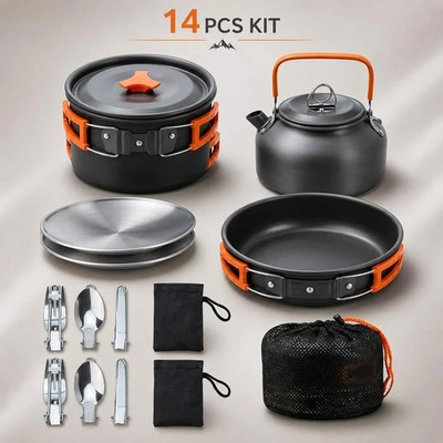 NEW Cepasei 14 Pcs Camping Cookware Mess Kit, Portable Nonstick Aluminum Campin