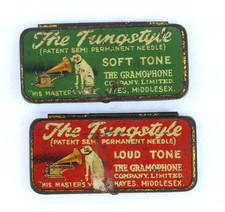 2x NADELDOSE "HMV The Tungstyle" semi-perm.  -leer- Needle-tin,Grammophon D372