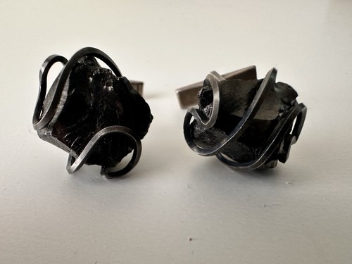 Vintage Mid Century Sterling Silver Brutalist Raw Mineral Cufflinks Pat 2472958 - Picture 3 of 13