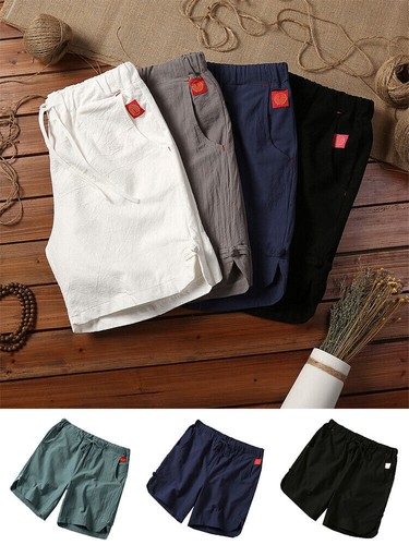 Men Cotton Linen Shorts Summer Beach Casual Drawstring Loose Short Pants Elastic