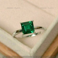 Real 925 Sterling Silver 2.5Ct Princess Lab-Created Green Emerald Solitaire Ring