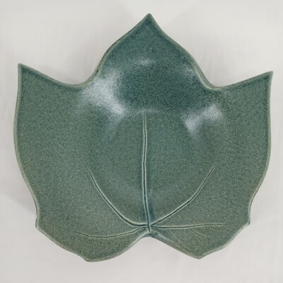 Artisan Pottery Leaf Shaped Dish Blue Green Matte Glaze Signed Fall Decor