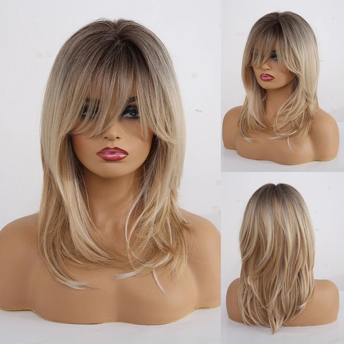 Ombre Brown Blonde Synthetic Wigs with Bangs Layered Cosplay Heat Resistant Wigs