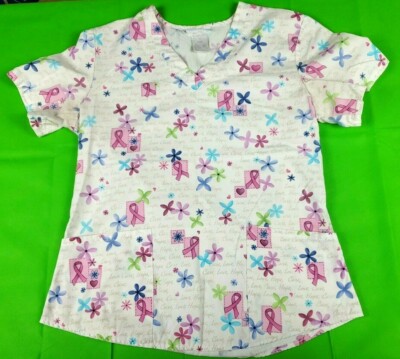 S.B. Scrubs white pink ribbon hope care love patterned unisex scrub top size s