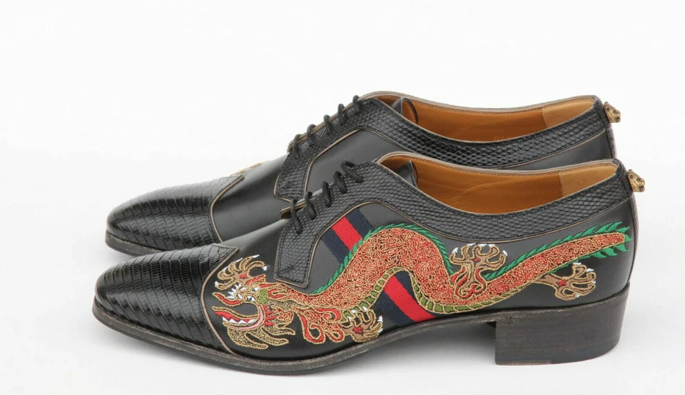 GUCCI Lagarto Puntera Dragón Negro Azul/Rojo Web Felino Logo Zapatos EE. UU. 9 / REINO UNIDO 8,5