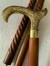 Vintage Brass Designer Handle Wooden Walking Cane Spiral Shaft Antique Stick
