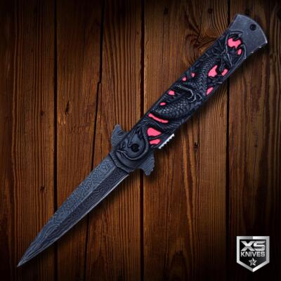 Spring Assisted STILETTO Pocket Knife DAMASCUS ETCHED Flip Open Red Dragon 8.5''