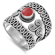 .925 Sterling Silver Bali Fashion Ring with Red Coral Stone Size 6-12 NEW
