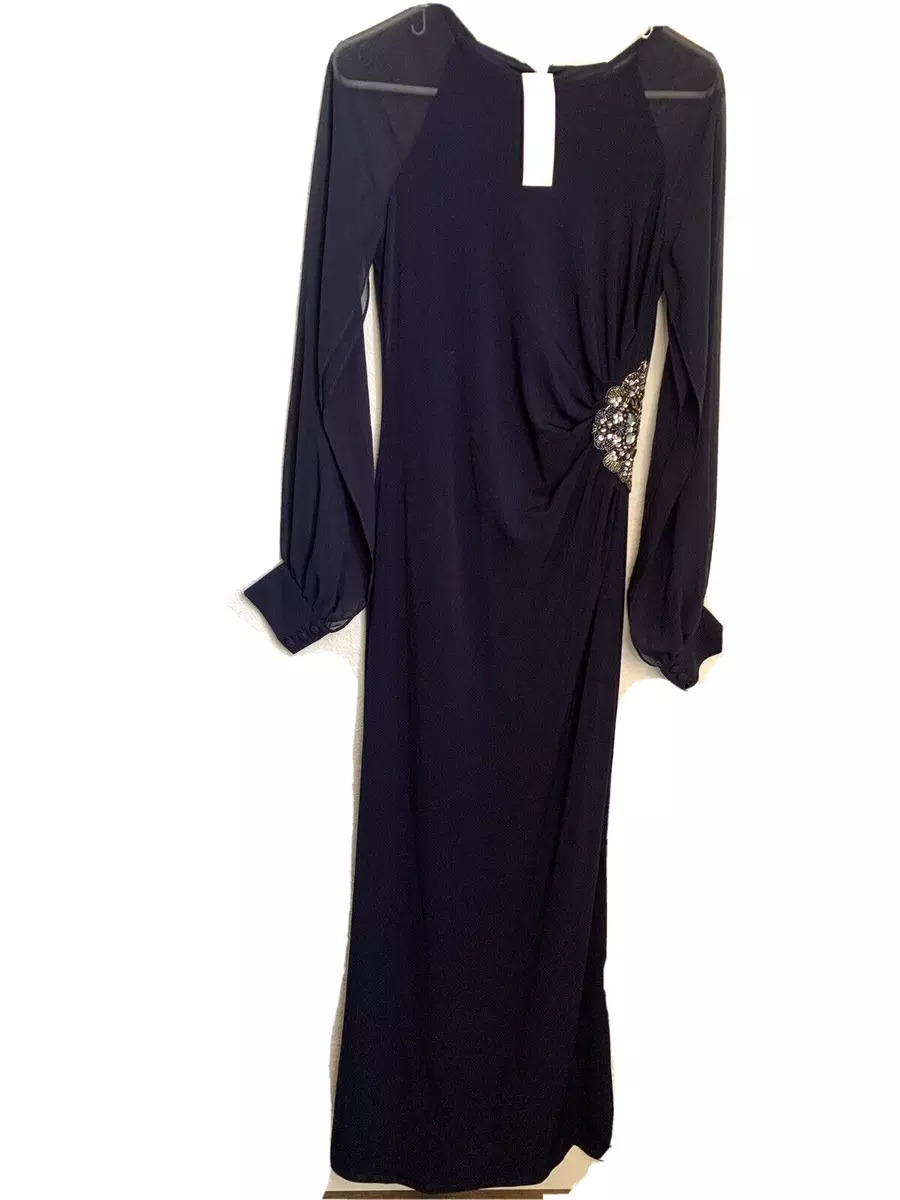 Eliza J Dress Women s Size 4 Navy Blue Formal Gown Long Sleeve Rhinestones FLAW