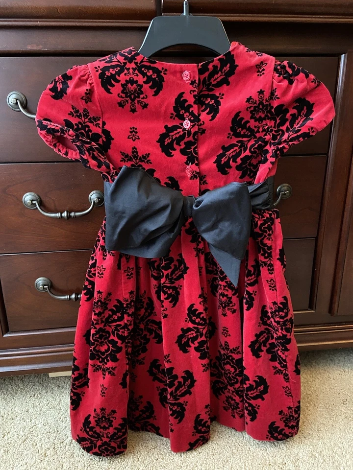 Twin Set Lot Girl’s 6 6X Red black velvet damask Holiday Christmas Bow Dress - Image 3 of 4
