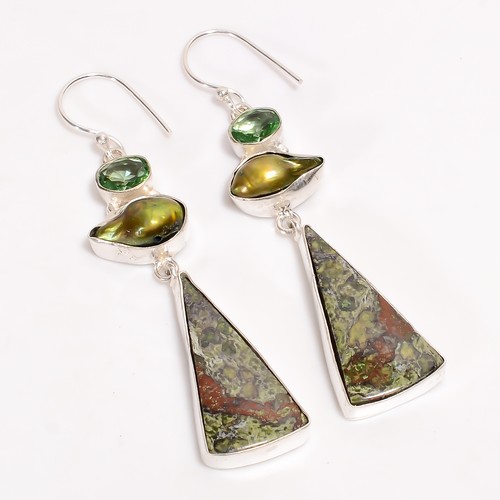 Natural Dragon Jasper Pearl Gemstone 925 Silver Handmade Earrings 2.8" ARE-3960 - Picture 2 of 3