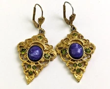 Rococo Style Dangle Earrings Green Blue Gold Tone Baroque Italian Renaissance
