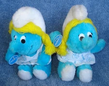 TWO 1983 SMURFETTES - 6" PLUSH DOLLS-PEYO WALLACE BERRIE & CO WITH SMURFETTE TAG