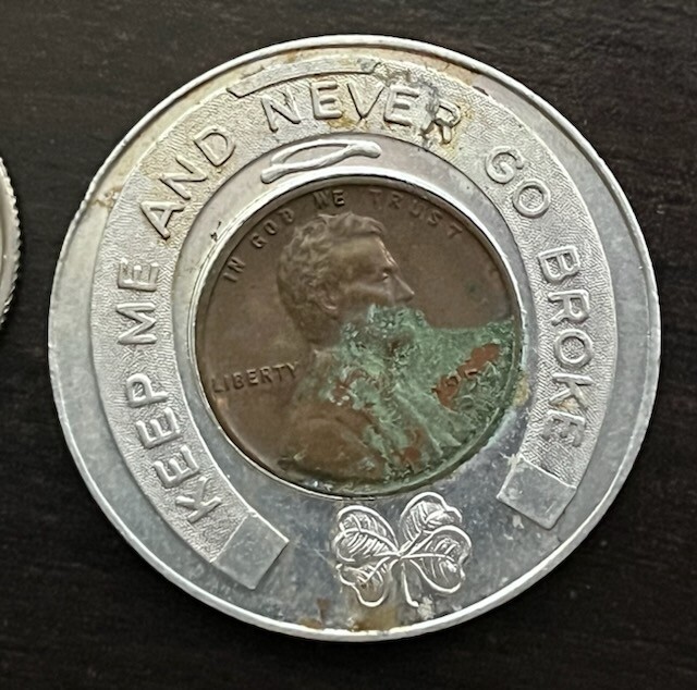 1954 D Wheat Penny Encased Coin - Keep Me and Never Go Broke - Metropole Hotel