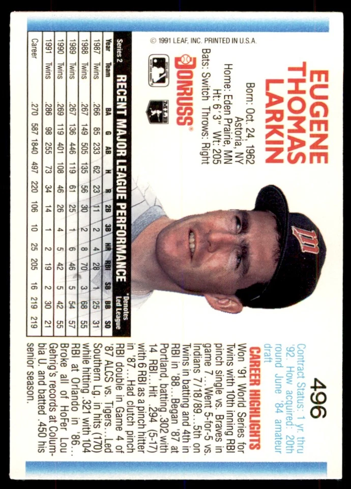 1992 Donruss Gene Larkin Minnesota Twins #496 - Image 2 of 2