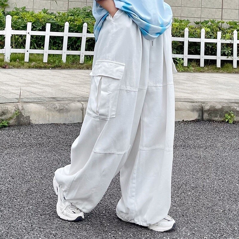 Lady Cargo Pants Trousers Japanese Wide Leg Baggy Drawstring