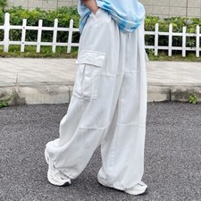 Lady Cargo Pants Trousers Japanese Wide Leg Baggy Drawstring Waist Pockets Pants