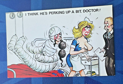 Freche Bamforth Comic Postkarte 1970er große Brüste Krankenschwester DENKEN SIE NACH, ABIT ARZT
