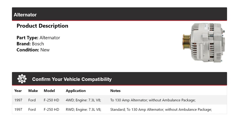 For 1997 Ford F-250 HD 7.3L V8 Bosch Alternator (New) - Image 2 of 4