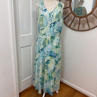J. Jill Silk Cotton Maxi Dress L Blue Green Boho Coastal Resort Beach Cruise Art