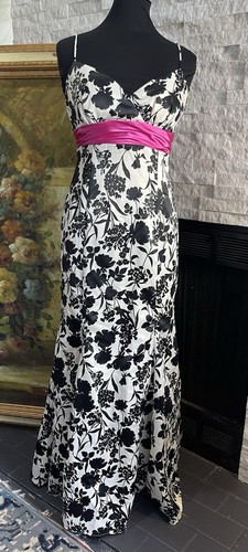 Vintage Blondie Nites Prom Formal Black & White Floral Pink Sash Empire Size 9 - Picture 2 of 12