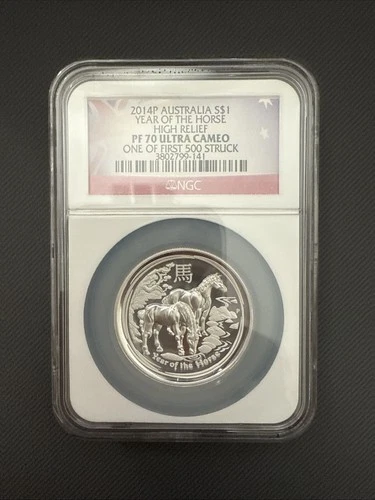 2014-P Australia $1 Horse PF70 UC NGC High Relief Silver Coin 1st 500