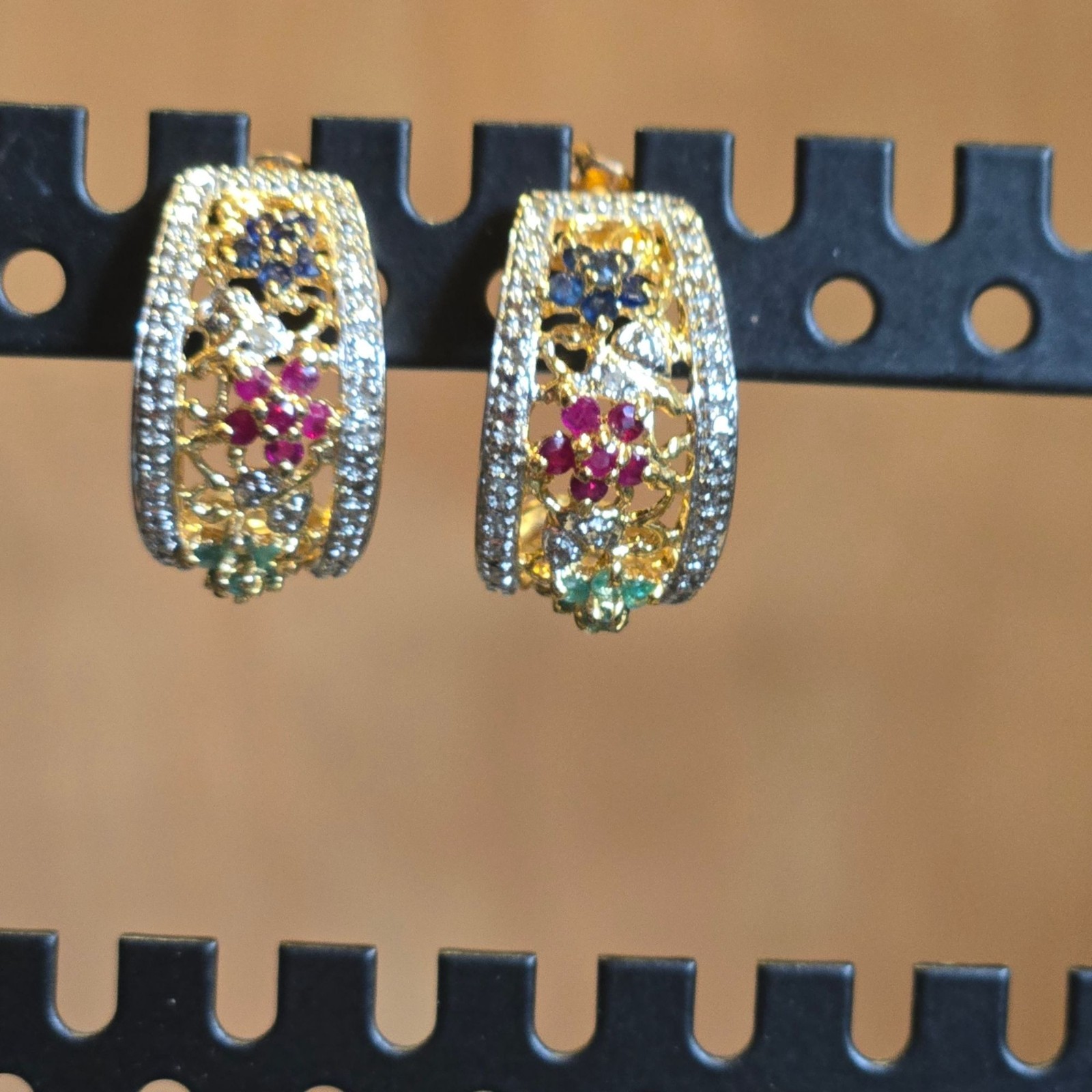 Emerald Ruby Sapphire Earrings Diamond Flower Hoo… - image 12