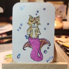ACEO Original art Jewel-maid Cat Mermaid bubbles by DW. Zee