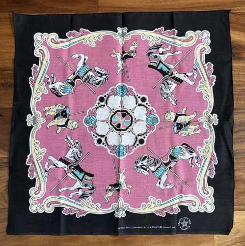 Vintage 90's Bandana/Handkerchief Pink & Black Animal Carousel Poly/Cotton USA