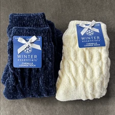 Women’s Winter Essentials Chenille Lounge Socks 1x Navy 1x White Size 4-10 NEW