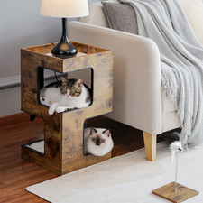 Wood Cat House for Indoor Cat Tree Tower Bed with Scratching Pad Brown