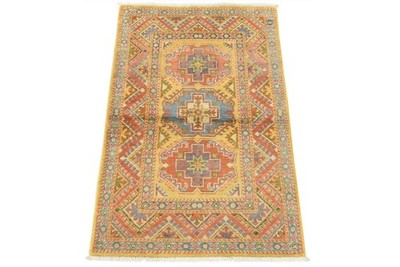 Kazak Rug 2'8'' x 4' Gold Wool Tribal Geometric Hand-Knotted Oriental Carpet