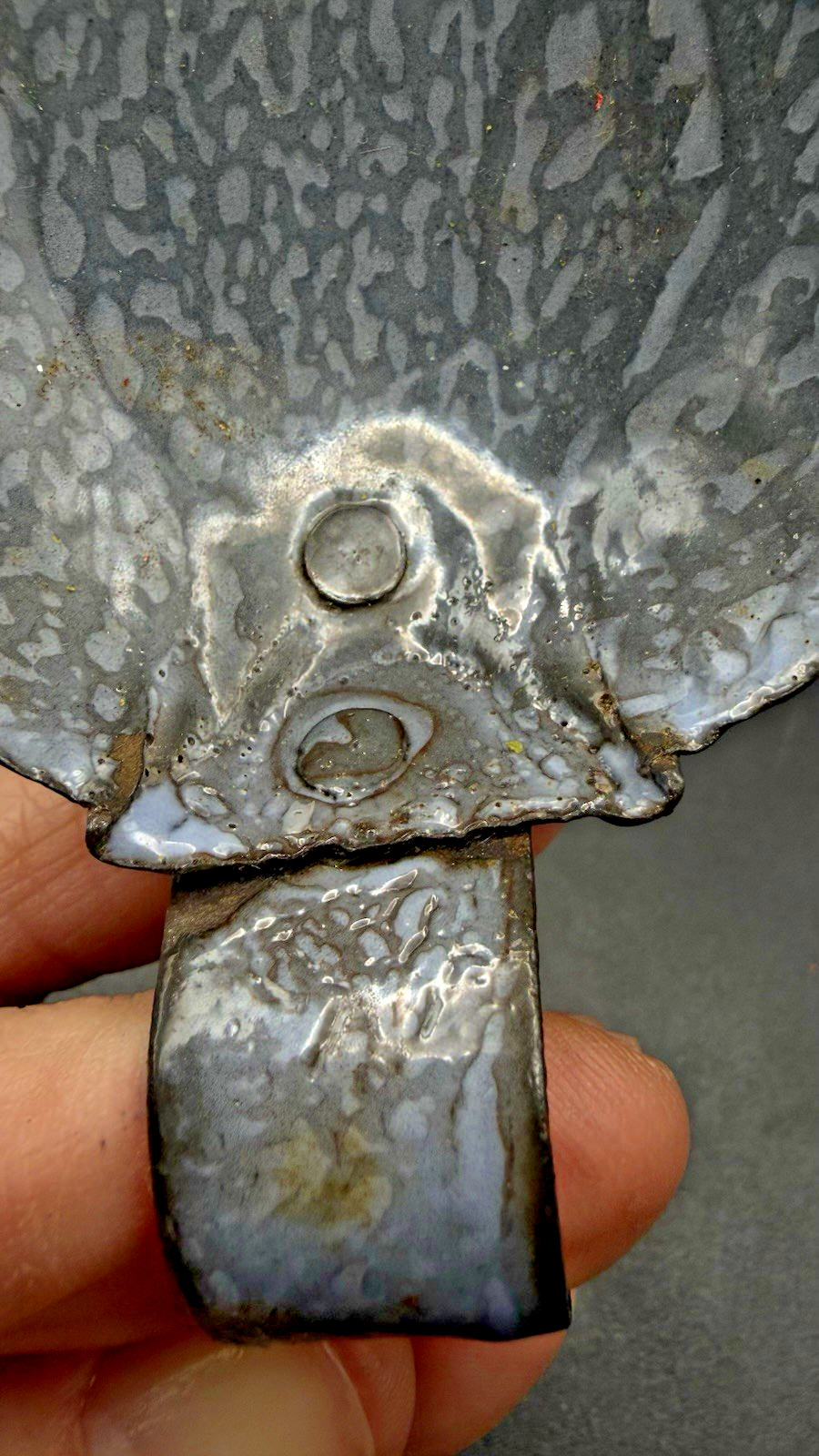 GRANITEWARE Gray Enamel SPOON SHAPED SCOOP w loop Handle Antique Vintage