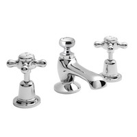 Hudson Reed 3 Tap Hole Basin Mixer Tap & Pop-Up Waste White Topaz Cross Handle