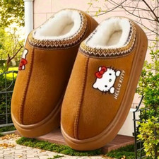 Hello Kitty Plush Slippers Cozy Winter House Shoes Non-Slip Sole Chocolate 36-37