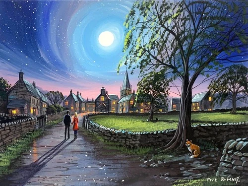 Pete Rumney Painting Cottage Lights And Moonlit Nights Original Artwork Signed
