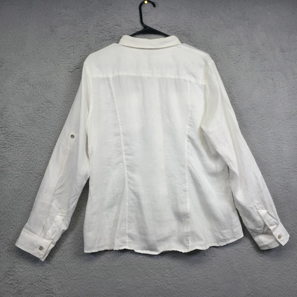 Camisa de lino Saks Fifth Avenue Top para mujer XL blanca manga enrollable Coastal Resort Foto 4 de 4