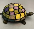 Vintage Tiffany-Style Green & Blue Stained Glass Metal “TURTLE LAMP” Night Light