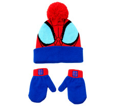 SPIDER-MAN MARVEL Boys Knit Winter Hat Cuffed Pom Beanie Mittens Set NWT 24