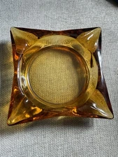Vintage Mid Century Modern Glass AMBER Square Cigar Cigarette ASHTRAY 6” Chipped