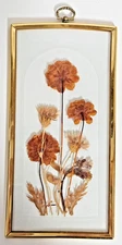 Vintage Pressed Flowers Framed Art Gold Metal Frame Floral Wall Hanging 5x10"