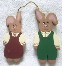 Wooden Hand Painted Handmade Shelf D cor 2 Bunnies Girl in Red  Boy in Green