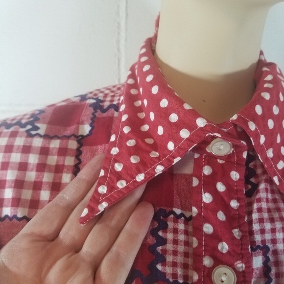 Vtg 70s red gingham plaid patchwork long sleeve h… - image 11