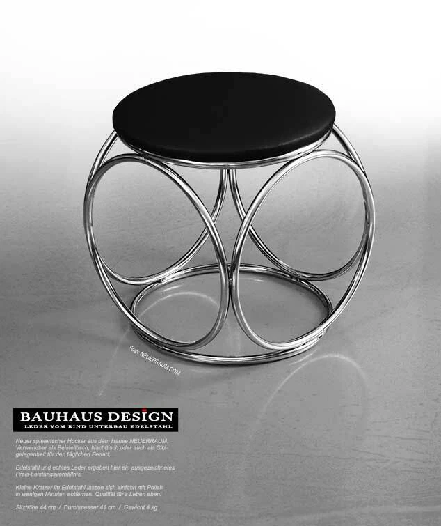 Pequeño Redondo Bauhaus Cuero Taburete Blanco O Negro Pie Acero Inoxidable - Imagen 3 de 3