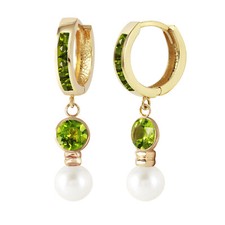 14K. SOLID GOLD HUGGIE EARRING WITH PEARLS  PERIDOTS Yellow Gold 