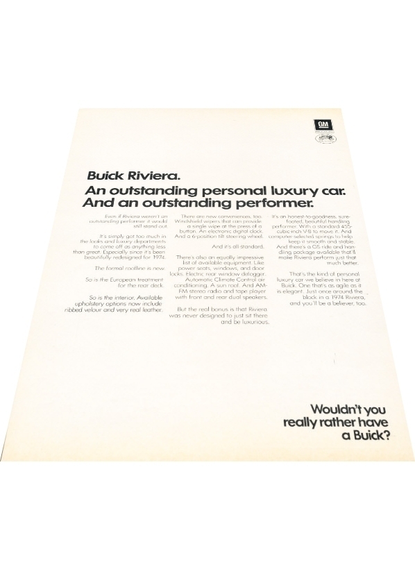 1974 Buick Riviera 2-Page Vintage Advertisement Car Print Ad J404