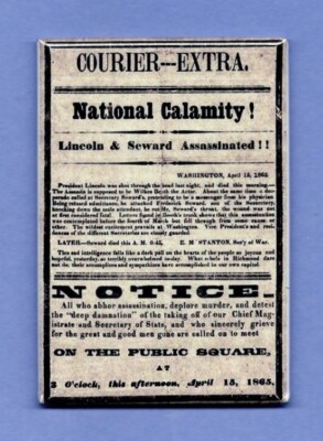 NEWSPAPER HEADLINE *2X3 FRIDGE MAGNET* ABRAHAM LINCOLN ASSASSINATED JOHN BOOTH