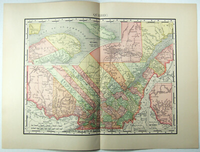 Quebec Canada - Original 1895 Map by Rand McNally. Antique